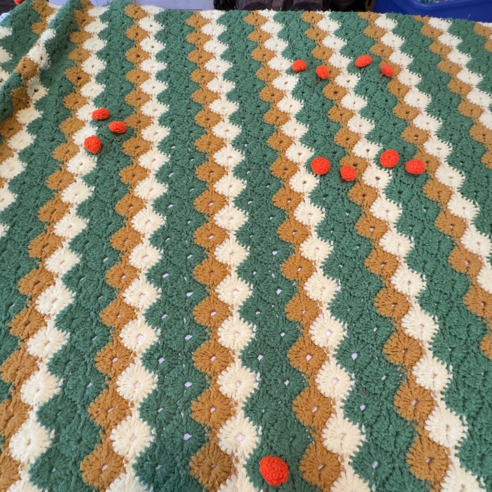 Vintage‎ Handmade Crochet Afghan Blanket Green Gold Orange Pom pom Floral 65x84
